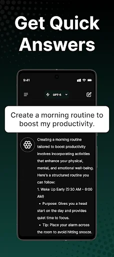 AI chatbot providing quick answers for morning routine productivity tips with GPT-5 AI assistant interface