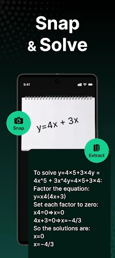 Snap and Solve feature showing AI solving math equation y=4x+3x with step-by-step solution and extraction tools