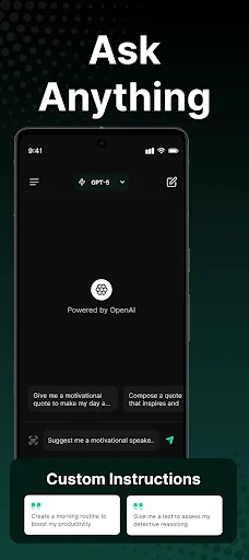Ask Anything AI chatbot interface powered by OpenAI with custom instructions and motivational quote suggestions