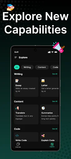 Explore AI capabilities including writing essays, translation, code generation, and content creation tools