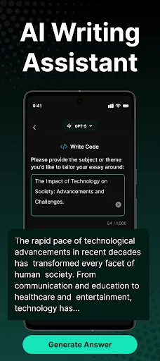 AI Writing Assistant generating essay about technology impact on society using GPT-5 chatbot interface