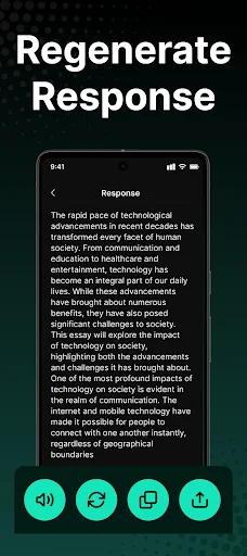 Regenerate AI response feature with audio playback, refresh, copy, and share options for ChatGPT answers
