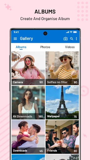 Gallery app Albums tab showing organized photo collections: Camera, Selfies, 4k Downloads, Wallpaper, Downloads, Friends