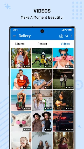 Gallery app Videos tab showing video thumbnails with duration timestamps for managing and organizing video content