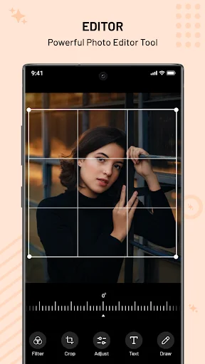 Gallery photo editor with crop tool active, showing grid overlay on portrait image with filter and adjustment controls