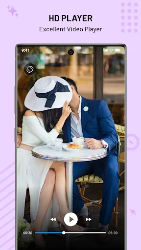 Gallery HD video player displaying couple at cafe with playback controls and 00:30/06:00 timeline progress bar