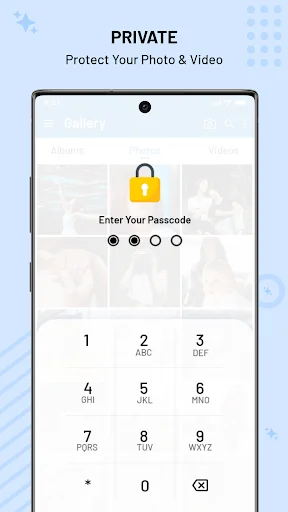 Gallery private vault passcode entry screen with lock icon and numeric keypad for secure photo and video protection