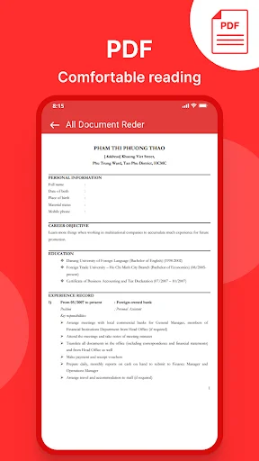 PDF reader interface displaying comfortable reading view of formatted document with text and navigation controls