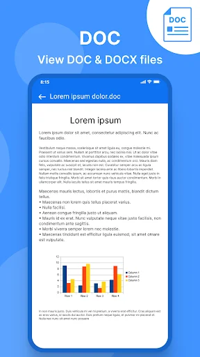 DOC file viewer showing Lorem ipsum document with text formatting, bullet points and embedded chart visualization