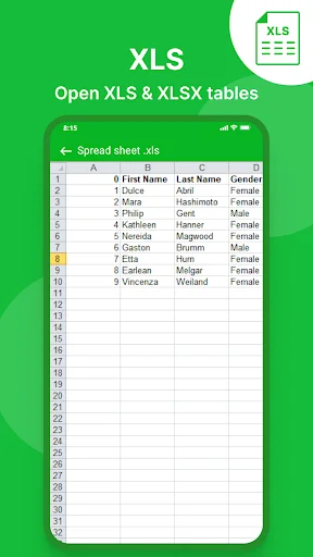 XLS spreadsheet viewer displaying table with names, data columns and Excel-style grid interface for productivity