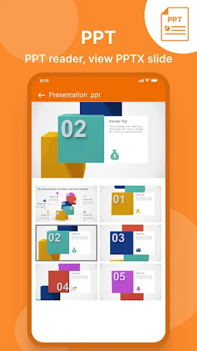PPT presentation viewer showing colorful slide thumbnails and PowerPoint file navigation in mobile app interface