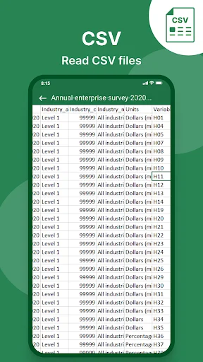CSV file reader displaying data table with enterprise survey results and structured spreadsheet view functionality