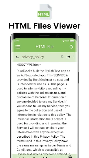 HTML file viewer showing privacy policy document with formatted text and web content display capabilities