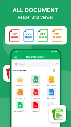 All Document Reader home screen with file type icons PDF, DOC, XLS, PPT and document management interface