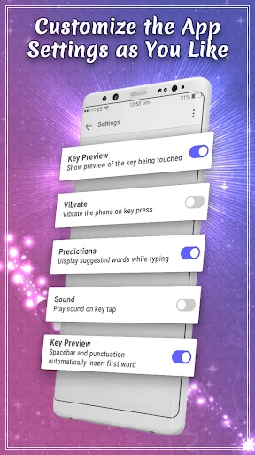 Customizable settings screen for Amharic keyboard showing toggles for vibrate, predictions, sound and key preview
