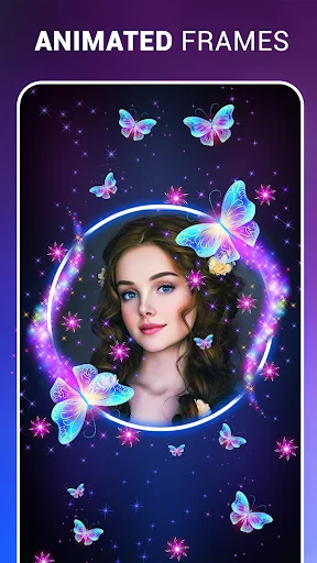 Animated photo frame editor showing woman's portrait with magical butterfly effects and sparkles on dark starry background