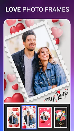 Love photo frames feature displaying couple photo with romantic heart decorations and frame selection gallery below