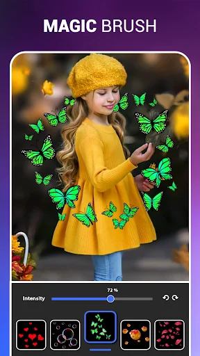 Magic brush tool in photo editor adding green butterfly effects to woman in yellow sweater with intensity controls