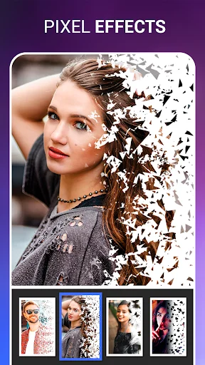 Pixel effects feature showing woman's portrait with white particle dispersion effect and thumbnail preview options