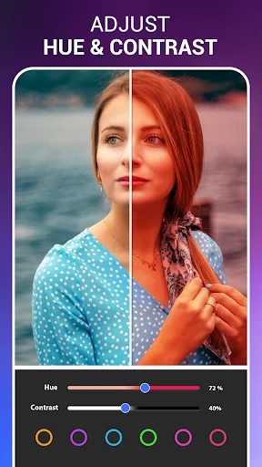Photo editor hue and contrast adjustment tools with split-screen preview and color filter selection controls