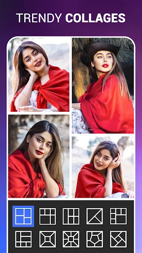 Trendy collages feature showing multiple photos of woman in red arranged in grid layout with template options below