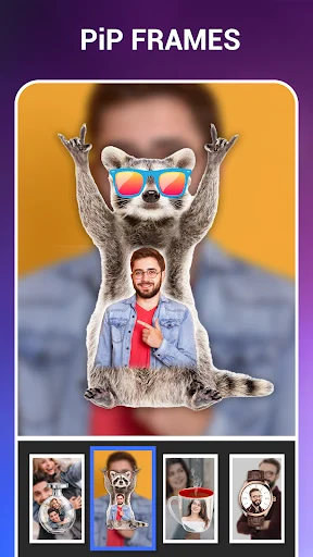 PiP frames showing creative raccoon frame overlay on man's photo with picture-in-picture effect gallery thumbnails