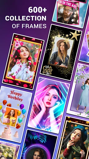 Photo frame collection gallery displaying 600+ frame options including birthday, nature, and portrait frame designs