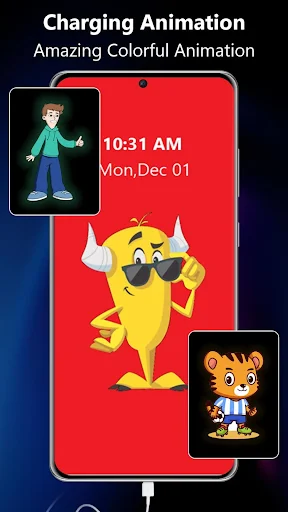 Battery Charging Animation 4K app showing colorful character animations on phone screen with time display and charging cable