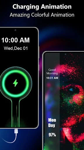 Charging animation app interface displaying neon green battery icon with lightning bolt and colorful wallpaper customization
