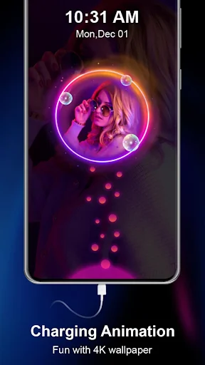 4K battery charging screen with animated pink neon circle and floating dots on gradient purple background wallpaper