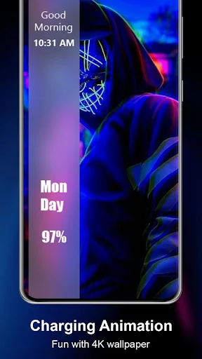 Personalized charging animation featuring neon mask character on blue gradient with battery percentage and time display