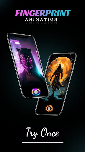 App Lock Fingerprint showcase with two phones displaying animated wallpapers - cyberpunk character and silhouette designs