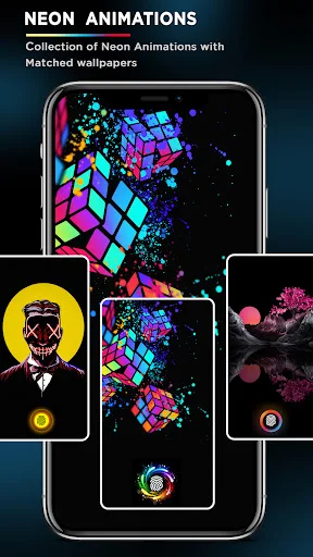 Neon Animations collection featuring multiple phone variations with colorful neon cube patterns and matched wallpapers