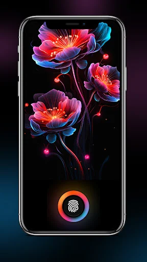 Neon glowing flowers lock screen animation with pink and blue petals on smartphone featuring fingerprint unlock icon