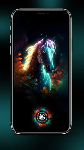 Neon horse illustration in purple and blue glowing colors on smartphone lock screen with rainbow fingerprint icon