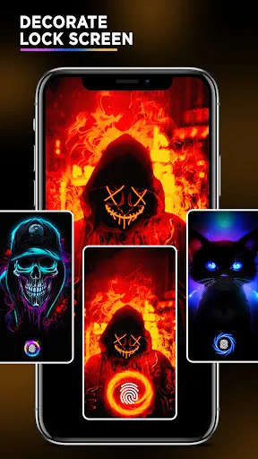 Decorate Lock Screen feature with multiple phone themes showing red neon skull and fire effect animations