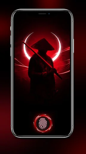 Archer warrior silhouette with neon red glowing energy effects on phone lock screen and red fingerprint unlock button