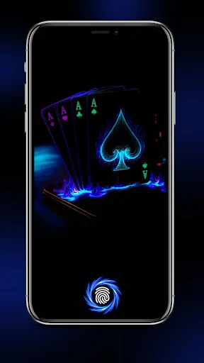 Neon playing cards with glowing blue effects on smartphone lock screen featuring blue circular fingerprint icon