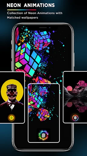 Neon animations collection screen showing colorful geometric cube wallpaper with fingerprint unlock and gallery thumbnails
