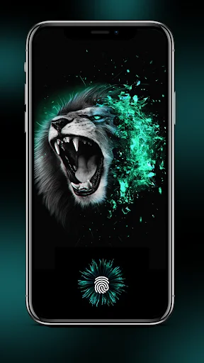 Roaring lion digital art wallpaper with teal particle effects and animated fingerprint unlock interface