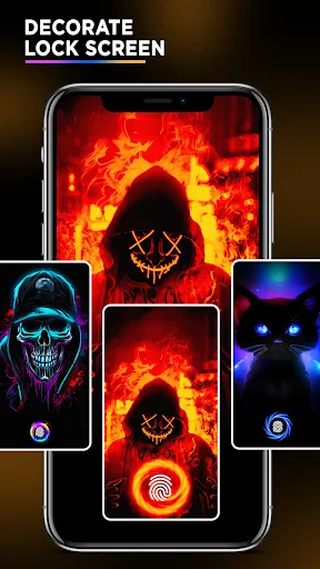 Lock screen decoration gallery showing fire skull, cyber skull, and cat eye wallpapers with fingerprint unlock options