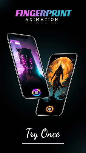 Fingerprint Animation app showcase with three phone mockups displaying animated lock screens with neon effects