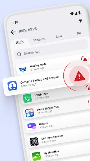 App Permission Manager risk apps screen showing high-risk apps list with Gaming Mode, Contacts Backup, and other apps