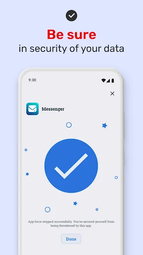 Security confirmation screen with checkmark showing successful permission management for Messenger application