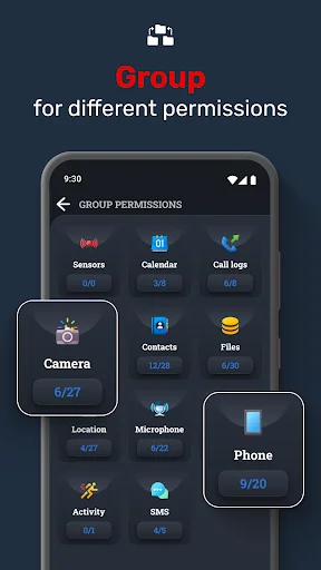 Group permission manager displaying categorized access controls for Camera, Phone, Location, and other app features