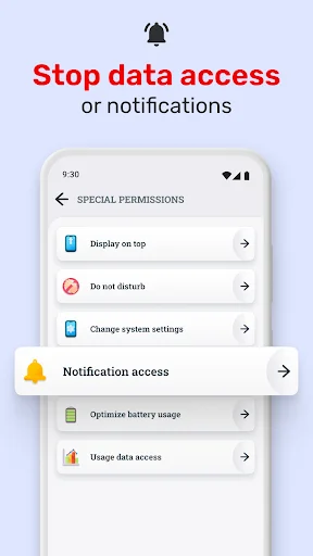 Special permissions control panel for managing data access, notifications, and system-level app permissions