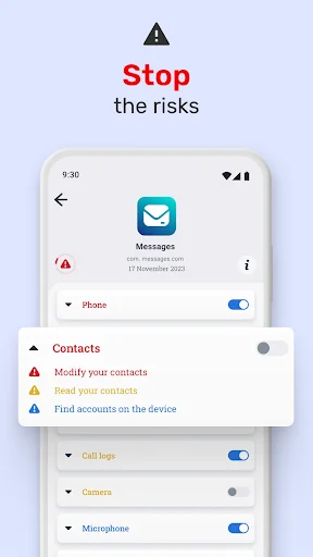 Stop the risks screen showing Messages app permissions with contacts access toggles and warning indicators