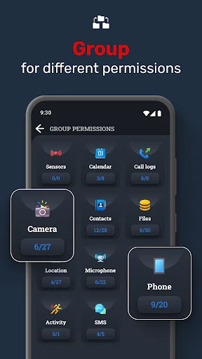 Group permissions screen categorizing different permission types like Camera, Phone, Location with usage statistics