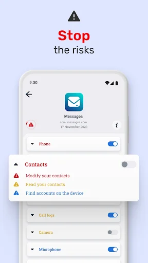Permission management interface for stopping app risks with detailed controls for Messages and Contacts access