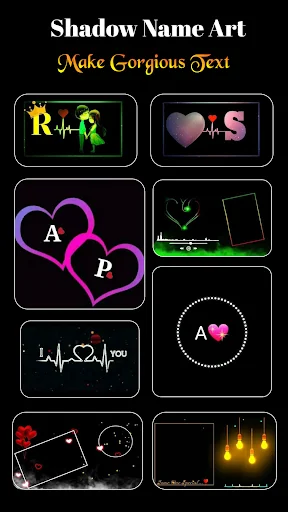 Shadow Name Art interface showing 8 stylish text designs with letters R, S, A, P in colorful effects and decorative styles